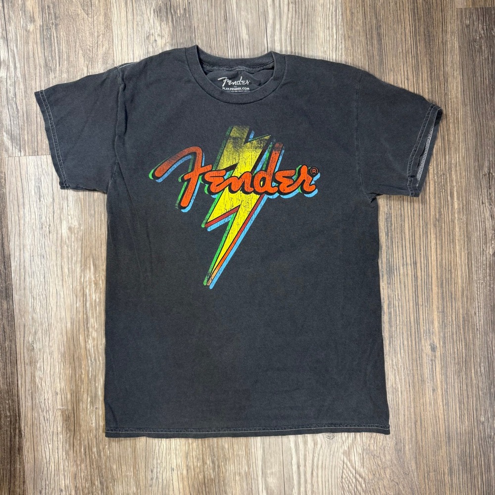 Fender Graphic T-Shirt Black Lightning Bolt Logo Cotton Tee Edgy Grunge Mens M
